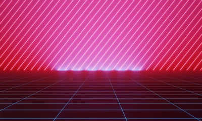 Door stickers Pink Futuristic retro landscape of the 80`s.Digital Retro Cyber Surface.