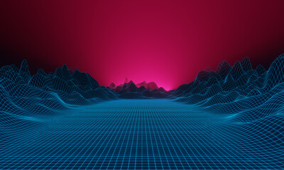 Futuristic retro landscape of the 80`s.Digital Retro Cyber Surface.