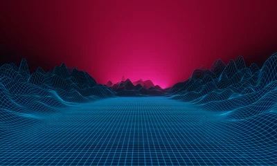  Futuristic retro landscape of the 80`s.Digital Retro Cyber Surface. © tongman