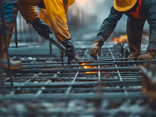 Construction workers in uniforms work skillfully outdoors, wearing gloves and helmets for protection and using manual tools, Emphasis is placed on safety in industrial environments.