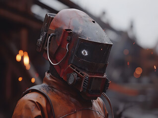 Fototapeta premium Welder in uniform diligently working on steel welding, wearing safety masks for protection against sparks and using manual tools. Welder creates sparks while working on steel in an industrial setting.