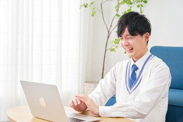 リビングでノートパソコンで動画を見る男子高校生