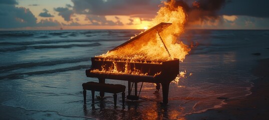 Grand piano on fire. Generative AI technology.