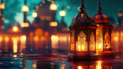 A Majestic Ramadan Kareem Scene with Elegant Lamps, Mosques, and Holy Blessings