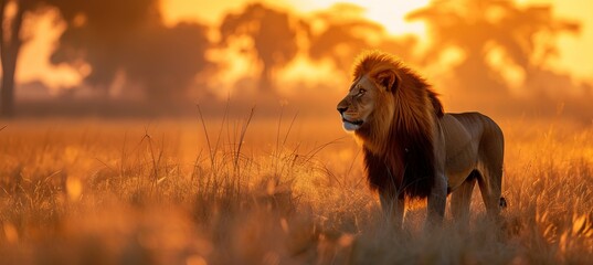 Portrait of lion king at savanna. Generative AI technology.	
