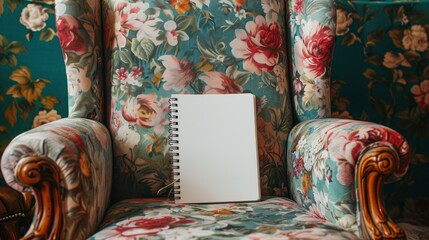 A White Hardcover Spiral Notebook Resting on a Floral Patterned Armchair, Surrounded by Soft Pastel Colors