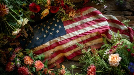 American flag on coffin with flowers - obrazy, fototapety, plakaty