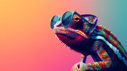 Macro cute chameleon in a pair of colorful glasses, hyperrealistic compositions, inventive. Chameleon wearing sunglasses on a solid colorful background, copy space, generative ai - obrazy, fototapety, plakaty