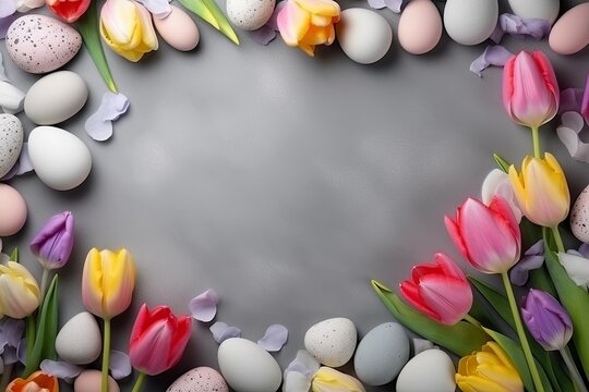 Frame Easter eggs with tulips flowers on concrete board background. Easter day. presentation. advertisement. copy text space.