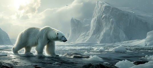 Polar bear with arctic frozen ice background. Generative AI technology.