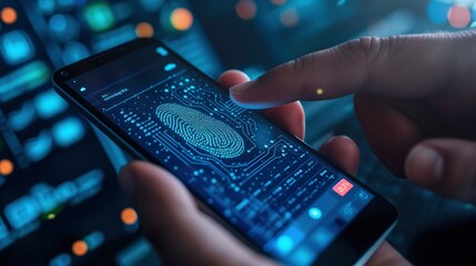 Securing Your Digital Realm, Mobile Smartphone with Biometric Fingerprint and Two-Factor Authentication for Personal Data Safety in Cybersecurity. - obrazy, fototapety, plakaty