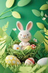 Easter Bunny Nestled in an Egg's Nest on a Green Grassy Background, Surrounded by Colorful Dotted Eggs, A Vibrant Celebration of Easter Joy.