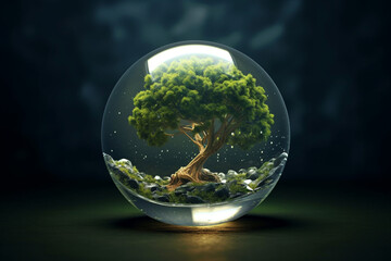 Nature, environment, landscape concept. Abstract and surreal illustration of green tree growing inside water or glass bubble in nature background with copy space. Minimalist style