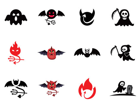 Cute devil character bundle set. Red demons vector. evil, logo, devil, demon, satan, character, cartoon, bad, beast, cute, devils, cheerful, child, collection, danger, design