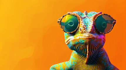 Macro cute chameleon in a pair of colorful glasses, hyperrealistic compositions, inventive. Chameleon wearing sunglasses on a solid colorful background, copy space, generative ai