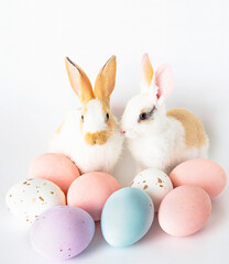 Naklejka na ściany i meble Heap of pastel colored easter eggs with a pair of adorable bunnies on white background
