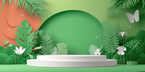Nature-Inspired Product Showcase, Geometric Shapes on Podium Platform with Paper Illustration and 3D Paper Elements in a Captivating Background