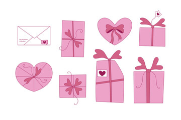 Vector set of pink gift boxes with hearts. Presents and love letter for valentine's day or birthday.