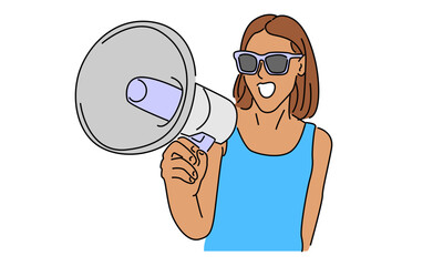 line art color of woman standing and talking through a megaphone vector illustration