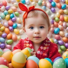 Child toddler kid holding colored Easter eggs in closeup hands. Religious holidays celebrating special moment to color decorate eggs tradition concept. Spring holiday celebration concept.