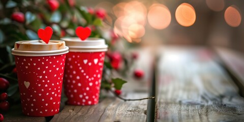 Love in Every Sip, Red Valentine Coffee Latte Cups Adorned with Heart Decorations