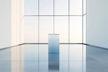 A single frosted glass cube stands centered in a bright, spacious room with large windows and a reflective floor.