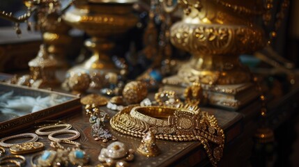 Showcase of Gleaming Gold Jewelry on a Gilded Table