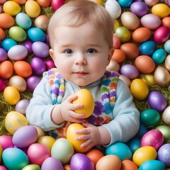 Fototapeta na wymiar Child toddler kid holding colored Easter eggs in closeup hands. Religious holidays celebrating special moment to color decorate eggs tradition concept. Spring holiday celebration concept.