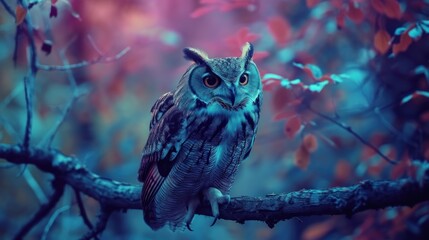 Beautifully colored owl perched on a branch AI generated image