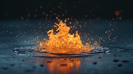  a fire is spewing out of a puddle of water on a wet surface with drops of water around it.