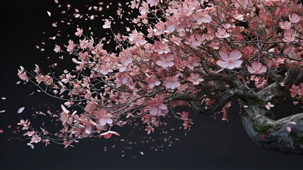  a bonsai tree with lots of pink flowers on it's branches in front of a dark sky background.