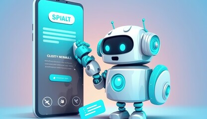 Adorable 3D Robot Character Interacting with Advanced Technology Smartphone Interface. Chat AI technology. GPT customer service landing. Cartoon cyber character. Vector illustration