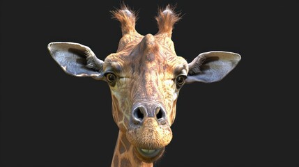  a close - up of a giraffe's face with a black back ground and a black background.