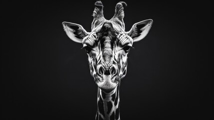 Obraz premium a black and white photo of a giraffe's head with its long neck and head turned to the side.
