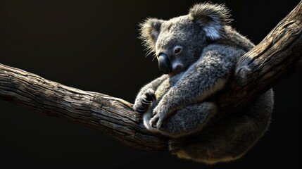  a koala sitting on a tree branch with its head on it's back and it's eyes closed.