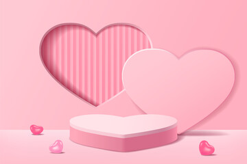 Pink 3D pedestal podium with a backdrop of geometric abstract heart shaped windows