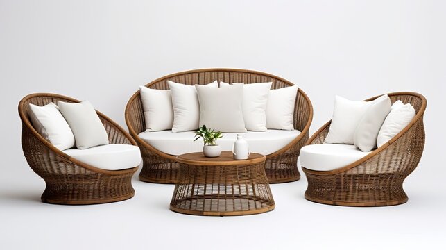 outdoor garden rattan straw couches on White backgrounds