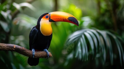 Naklejka premium Beautiful toucan bird is sitting on a branch in the forest AI generated image