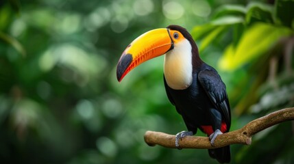 Obraz premium Beautiful toucan bird is sitting on a branch in the forest AI generated image