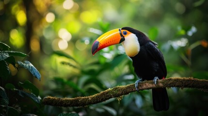 Fototapeta premium Beautiful toucan bird is sitting on a branch in the forest AI generated image