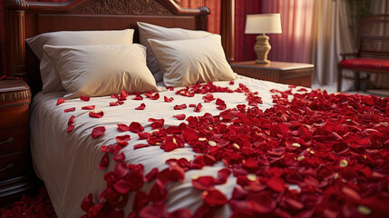 Rose and petals laid out on bed duvet. Created with Ai