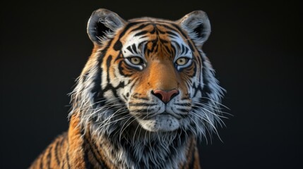  a close up of a tiger's face on a black background with a blurry look on its face.