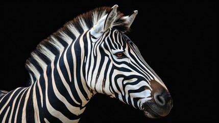  a close - up of a zebra's head against a black background with only the zebra's head visible.
