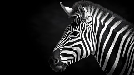  a close up of a zebra's head in a black and white photo with a black back ground and a black background.