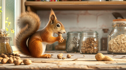 squirrel eating nuts in the kitchen - obrazy, fototapety, plakaty