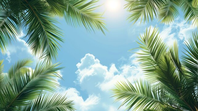 Background of coconut leaves with clear sky AI generated image