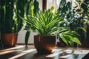 Fototapeta premium beautiful plants in the ceramic pot, green garden, indoor garden, sunlight is necessary for plants, sunlight gives life