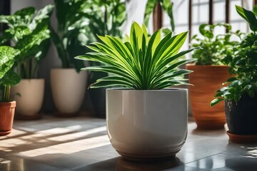 Fototapeta premium beautiful plants in the ceramic pot, green garden, indoor garden, sunlight is necessary for plants, sunlight gives life