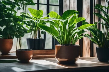 plant in a vase, plant in ceramic vase, light rays on green plants 