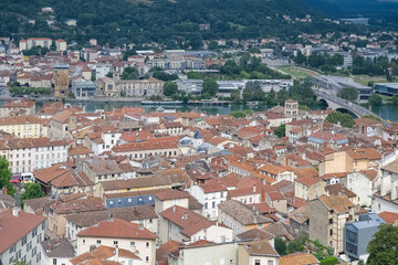 Vienne, France, aerial view of the city, with the Saint-Maurice cathedral, colorful houses 
